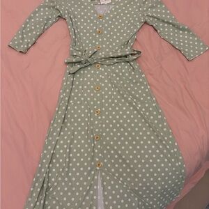 Sage Green Polka Dot Button-Front Midi Dress